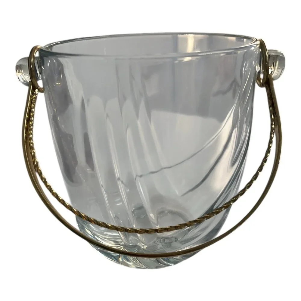 Vintage Italian Glass Ice Bucket with Brass Handle Mid Century Barware